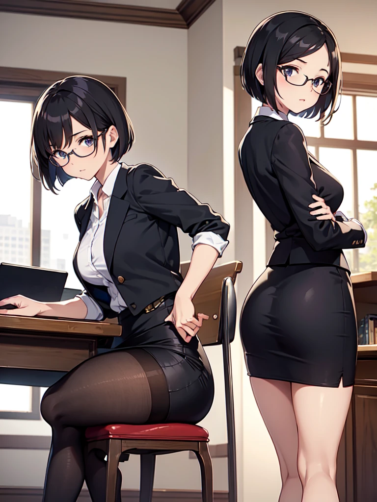 masterpiece, best quality, high definition images, atmospheric perspective, expressive eyes, perfect face, ultra detailed, solo, 1mature seductive woman sticking butt, alluring pose, female teacher, bending over, back view, black short bob hair, simple glasses, business suit, blouse, pencil skirt, tight mini skirt, spread legs, panties, curvy, thighs, pantyhose, high heals, from below, in study room,