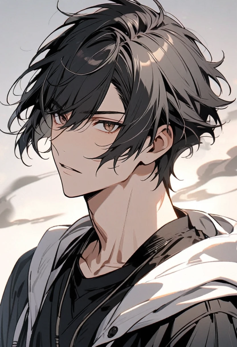 Handsome, solo, 1 male, short hair, black hair with smoke gray hair tips, brown eyes, black shirt, black and white hooded