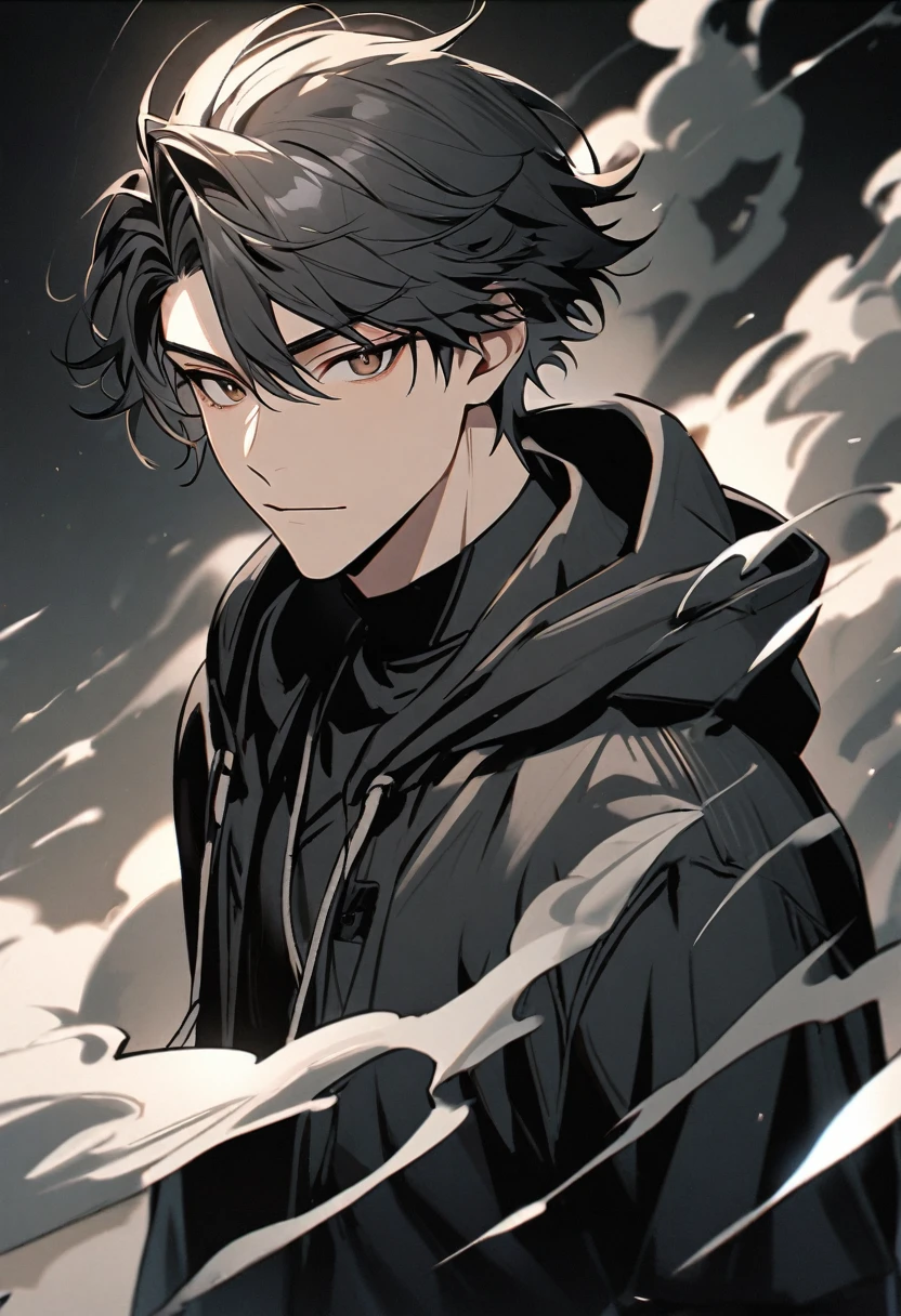 Handsome, solo, 1 male, short hair, black hair with smoke gray hair tips, brown eyes, black shirt, black and white hooded