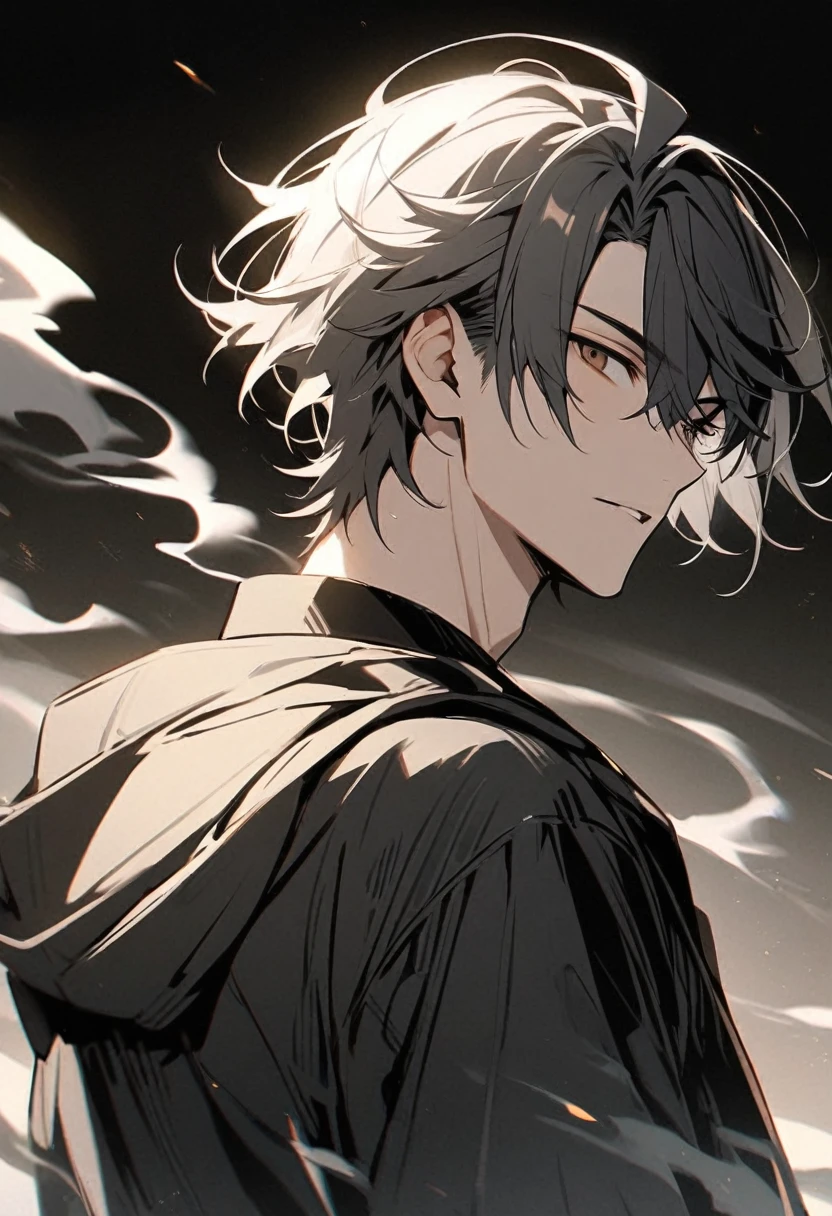 Handsome, solo, 1 male, short hair, black hair with smoke gray hair tips, brown eyes, black shirt, black and white hooded