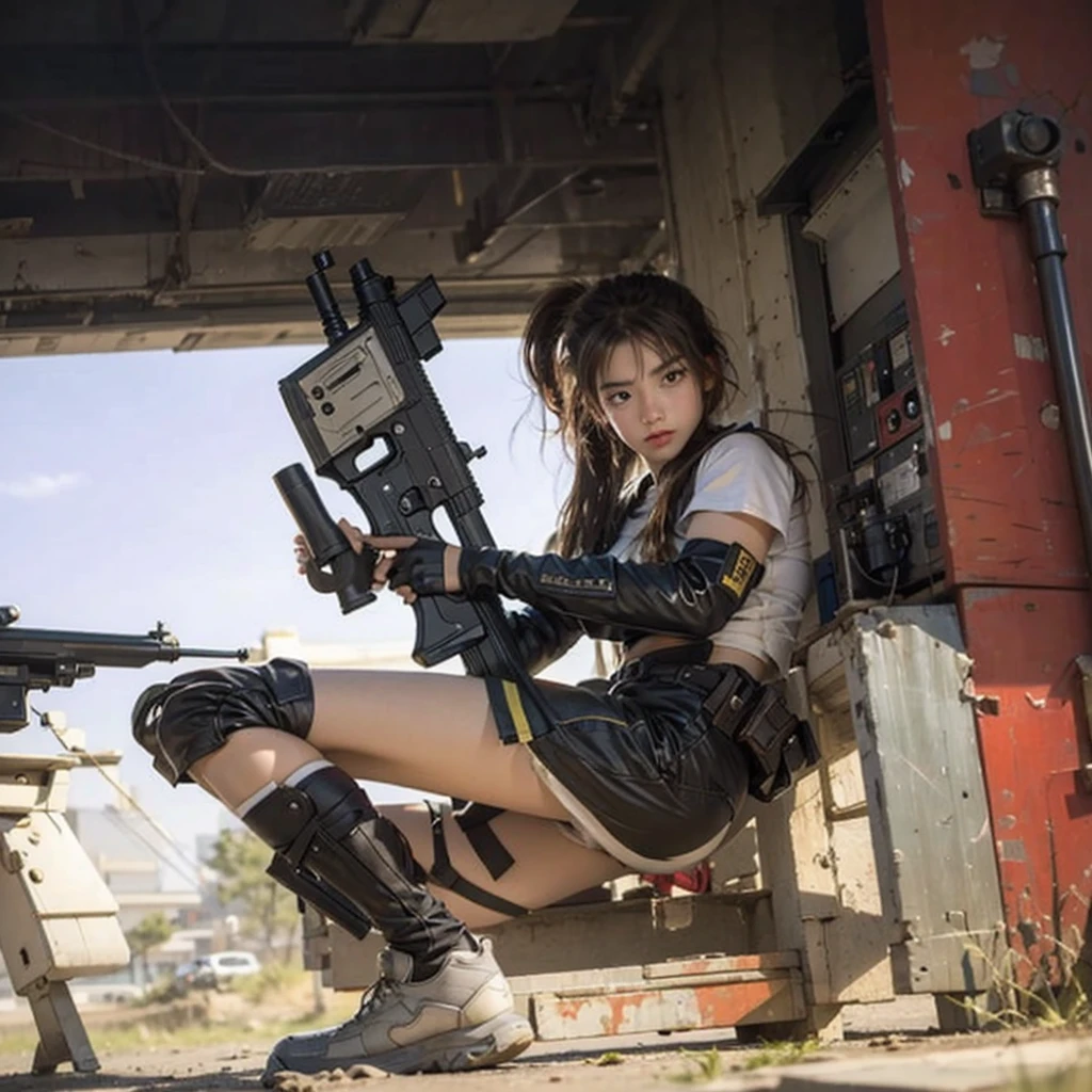 Close-up of a age girl crouching with a gun