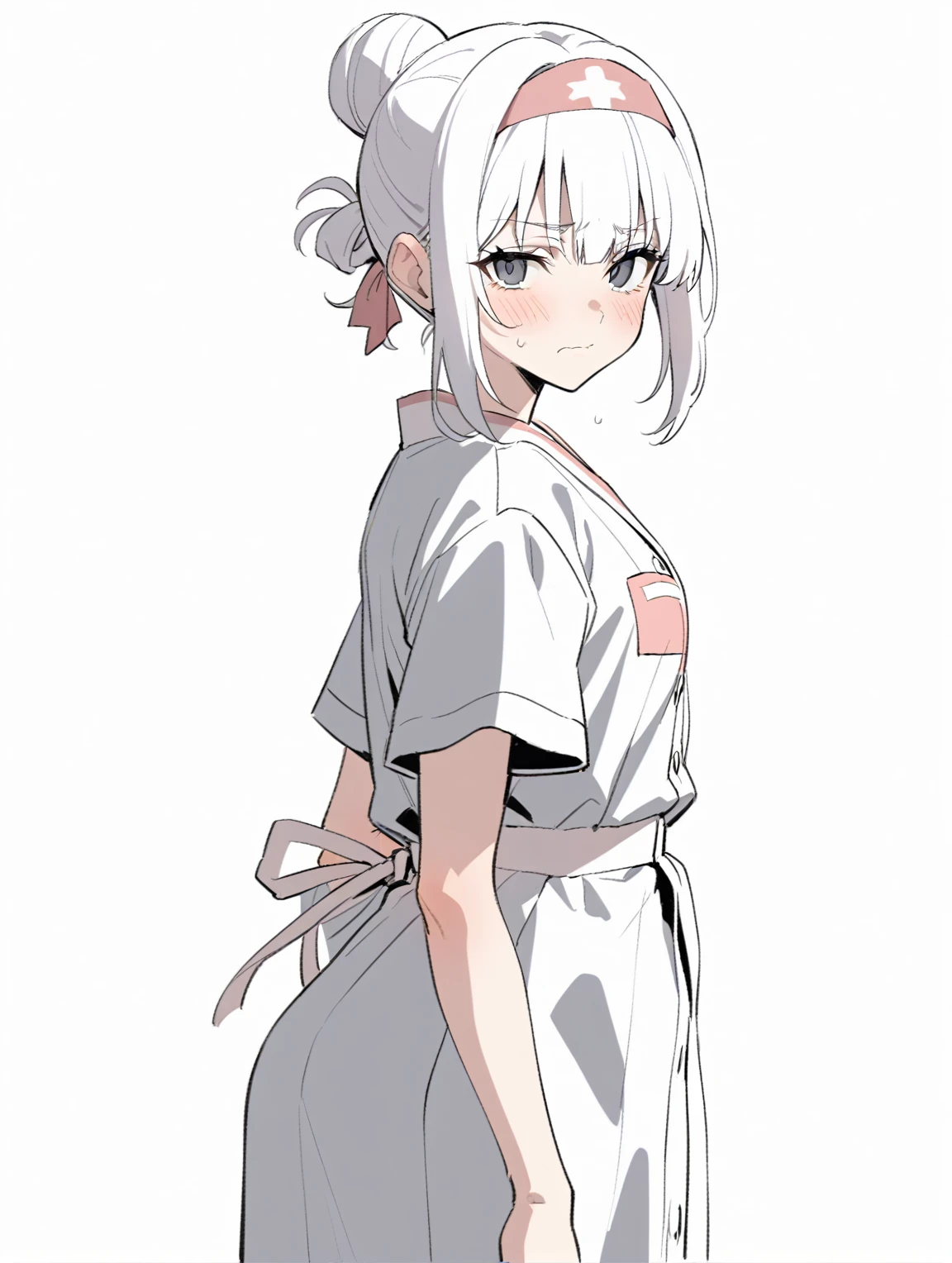 {{{sincos (sincos), girl, no human, waist-length}}}, 1 girl, nurse, wear a medical gown, waist-length, black eyes, tired face, weak facial expressions, hair tied at the back of the head in a bun, white hair, hair ivory color, stands directly towards the viewer, looking at viewer. white background, blank background.