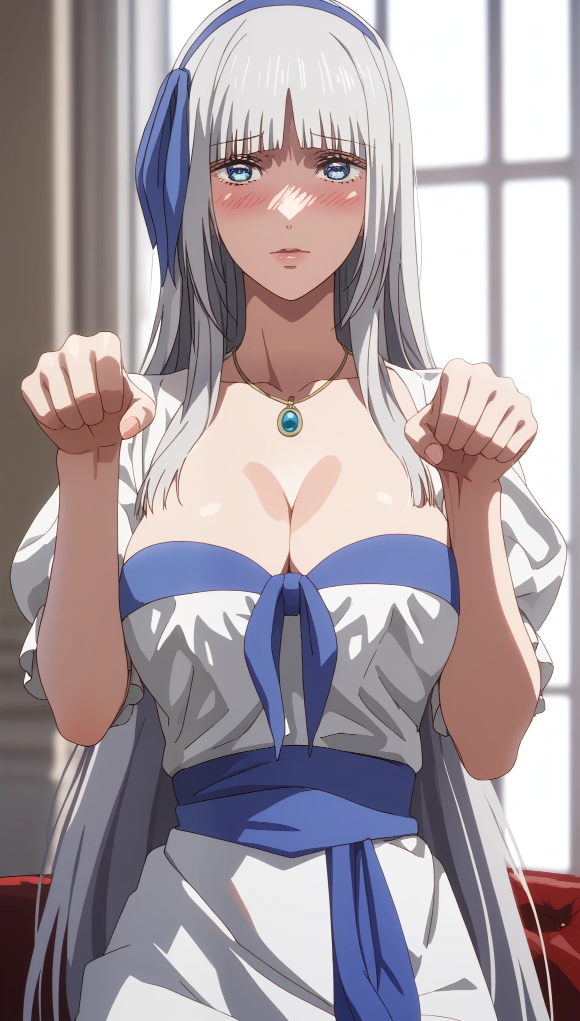 score_9, score_8_up, score_7_up, score_6_up, uncensored, mylene, long hair, silver hair, blue hairband, blue eyes, BREAK (masterpiece:1.2), best quality, high resolution,(detailed eyes:1.3), perfect lighting,(perfect hands, perfect anatomy), large breasts, blush face, embarrassed, paw pose, dress, white dress, cleavage, 