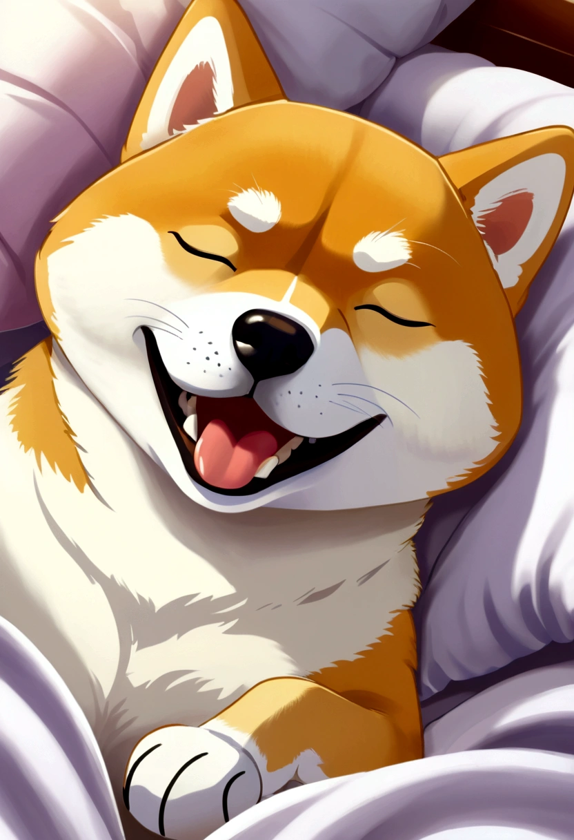 Sleeping soundly in bed Close-up,very cute,laughing,Shiba Inuのイラスト、Anime Style、Shiba Inu, small,