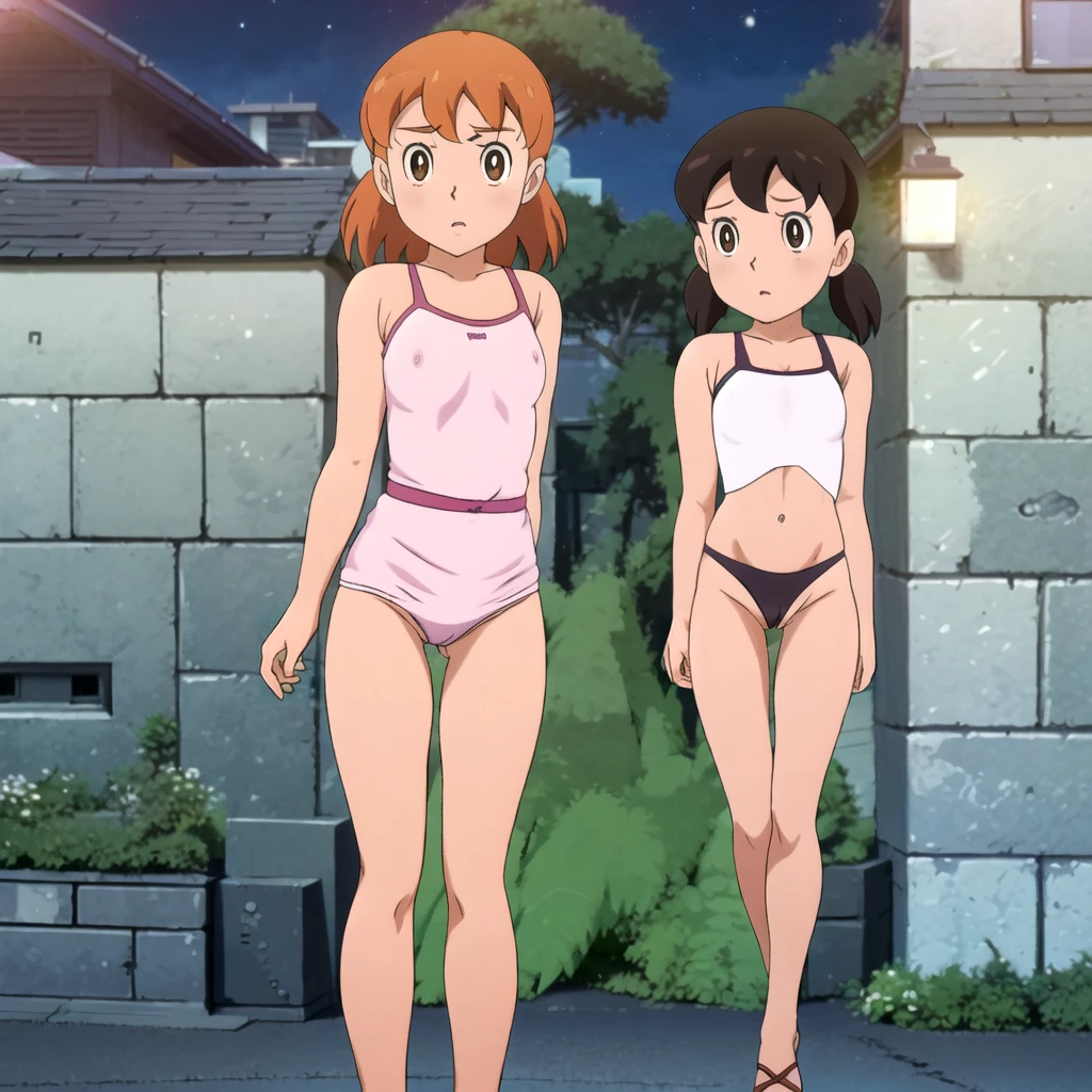 score_9, score_8_up, score_7_up, score_6_up, score_5_up, score_4_up, BREAK source_anime,POV, angry expression ,standing,shizuka orange hair, long hair, wavy hair, side locks, brown eyes, big breasts, covered nipples, narrow waist, firm legs, toned abdomen, black thong, highleg thong, black t-shirt, tight t-shirt, cameltoe, outdoors, night city, full moon background