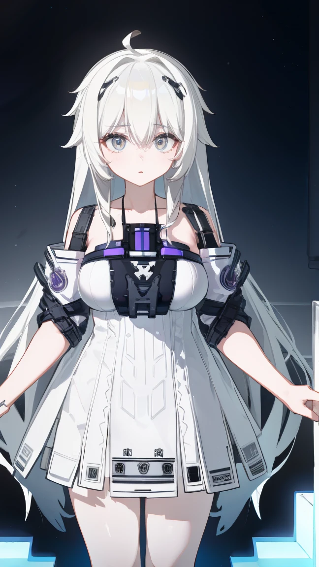 （Vtuber Standing Pictures）、（Standing picture on the front）、Large Breasts、Creampie、naked、1girl,  bedazzling eye, exposed ,white hair, long hair, grey eyes, white dress, suspenders, bare shoulders,