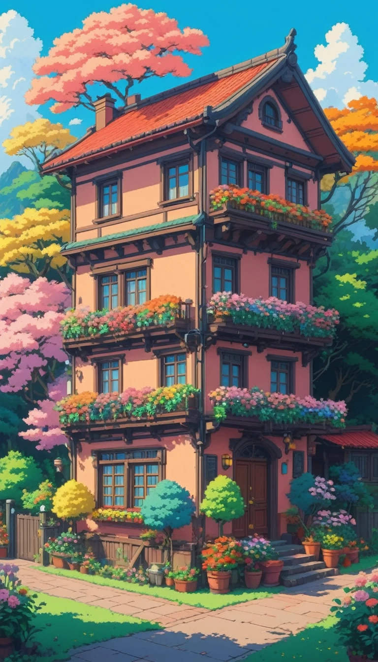 beautiful colorful house, Pixel art. Ghibli style, Beautiful Anime, colorful, Flowers, nostalgic, Vibrant, Pixel art, Minimalist drawing style