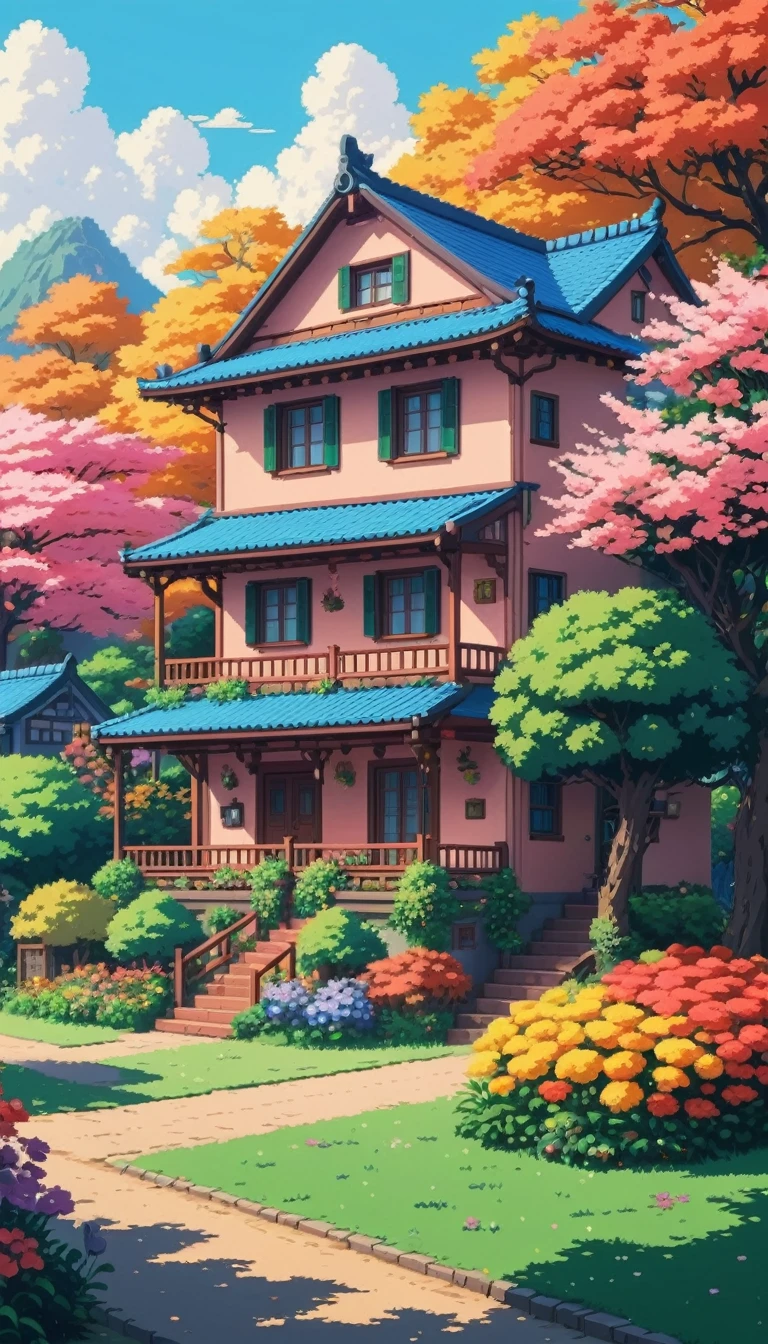 beautiful colorful house, Pixel art. Ghibli style, Beautiful Anime, colorful, Flowers, nostalgic, Vibrant, Pixel art, Minimalist drawing style