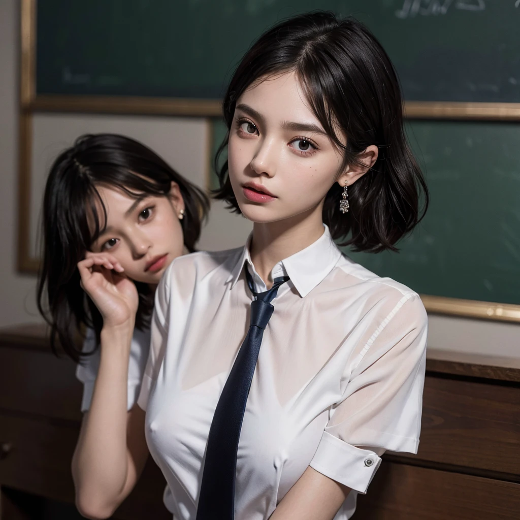 absurdres, RAW photo, extremely delicate and beautiful, masterpiece, Best Quality, ultra high resolution, 16k, hyperrealistic, ultra-detailed, (perfect ???????), super Detailed skin, perfect figure, Very detailed CG 8k wallpaper, in her 20s, very Slim body, narrow waist, very small head, very small face, delicate facial features, tearful mole, earring, thin legs, (very huge round breasts), (3 girls), full body shot, short hair, wavy hair, ((school uniform)),