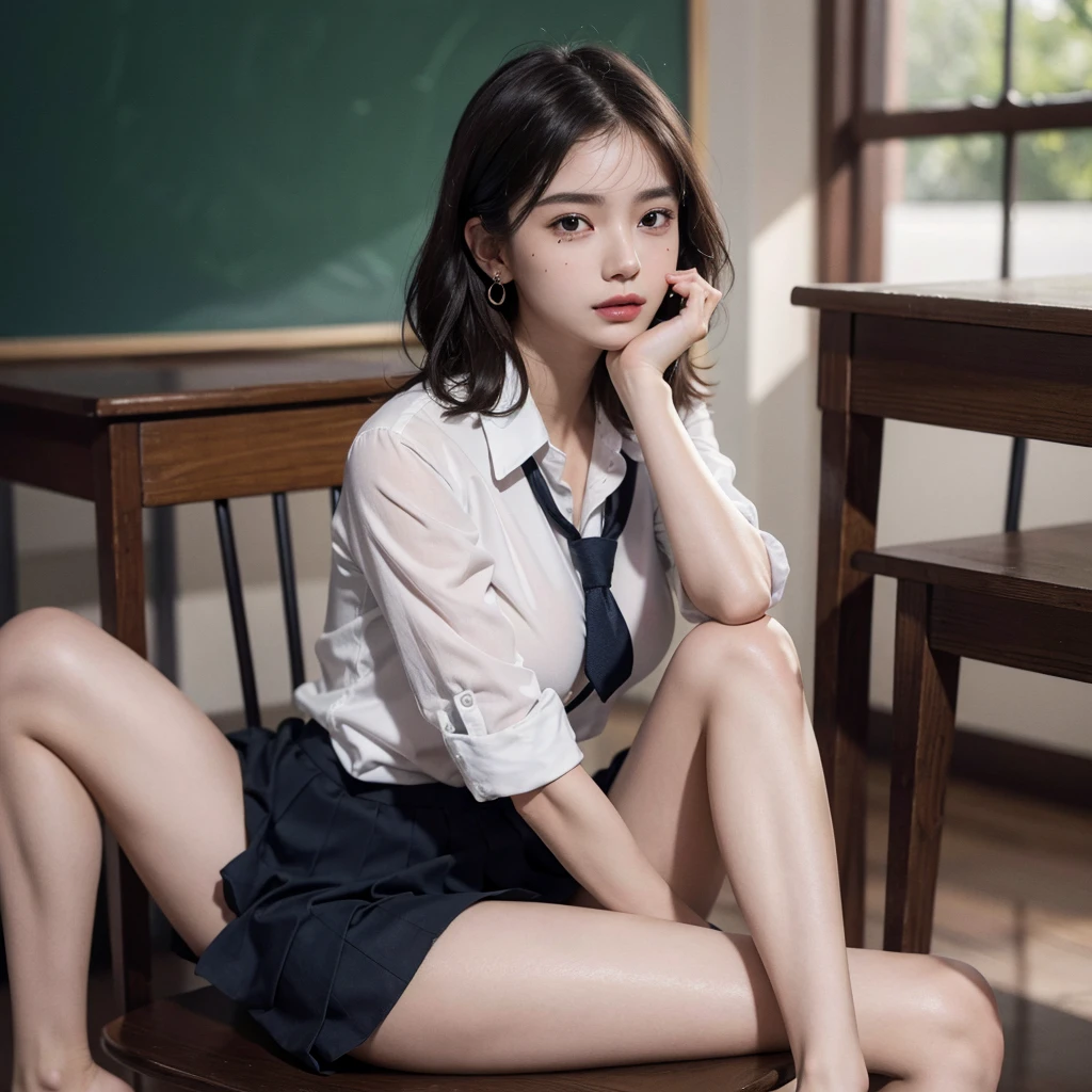 absurdres, RAW photo, extremely delicate and beautiful, masterpiece, Best Quality, ultra high resolution, 16k, hyperrealistic, ultra-detailed, (perfect anatomy), super Detailed skin, perfect figure, Very detailed CG 8k wallpaper, in her 20s, very Slim body, narrow waist, very small head, very small face, delicate facial features, tearful mole, earring, thin legs, (very huge round breasts), (3 girls), full body shot, short hair, wavy hair, ((school uniform)),