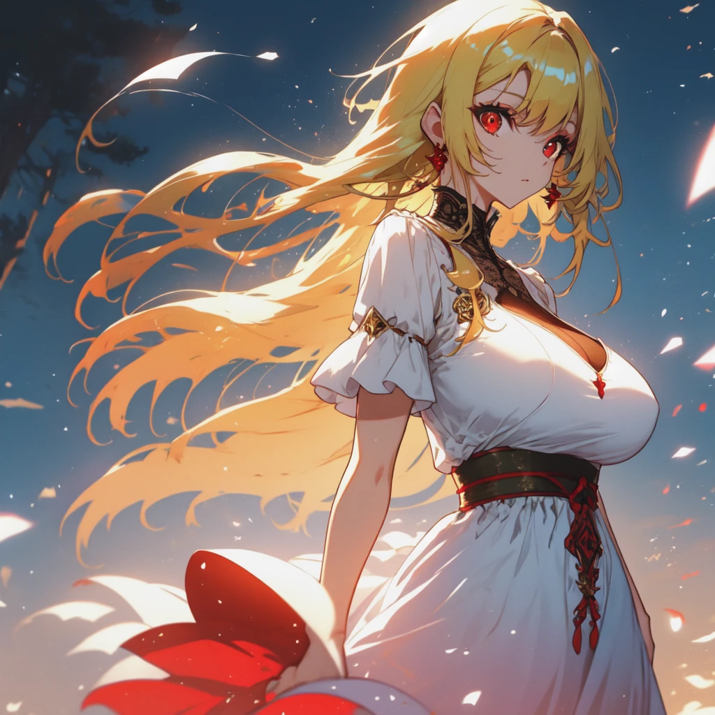 Many women with blond hair and red eyes wear dresses and have big breasts