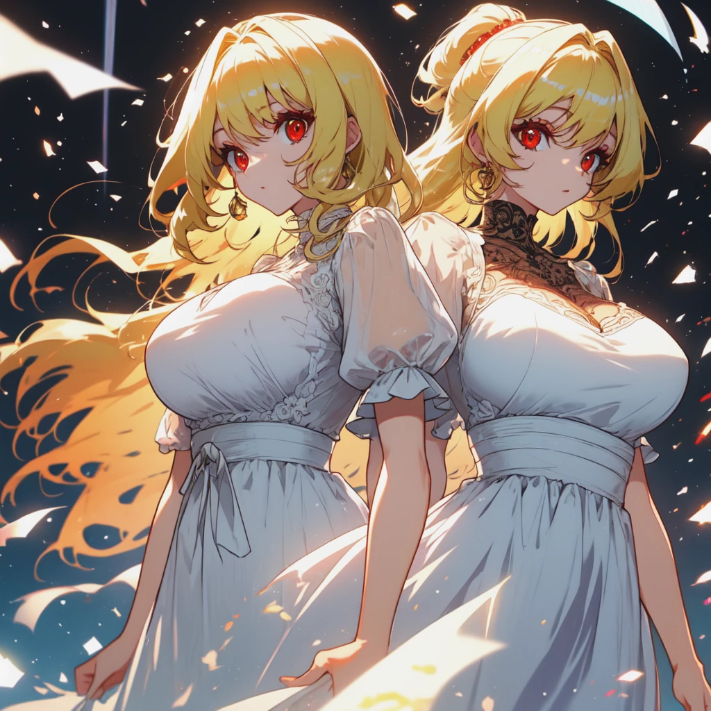 Many women with blond hair and red eyes wear dresses and have big breasts 