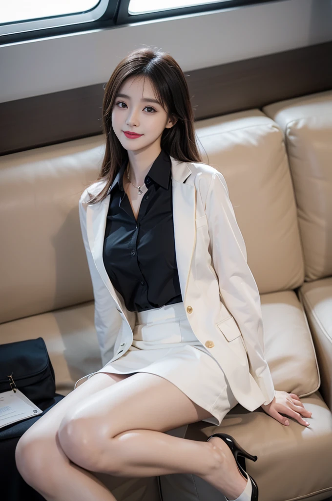 Highest quality、8K、Best image quality、Award-winning works、Korean、(2 girl,solo:1.5)、Beautiful skin with a radiant glow、masterpiece、Top quality、Ultra-high definition、Depth of Field、Lens flare、、black hair、Gaze at the audience、Medium chest、Airline stewardess、(blue Airline stewardess:1.3)、shirt、Short ivory skirt、(Black YSL heels)、Perfect legs、Model pose、Smile。