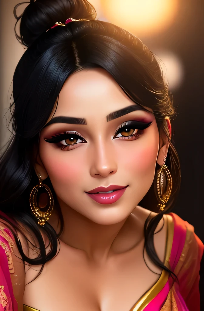 Amazing portrait of a sexy woman who is a MILF and your neighbour with her black hair in a bun with seductive eyes and she's blushing with a seductive smile wearing amazing makeup wearing a saree with a lustful look and a sultry pose