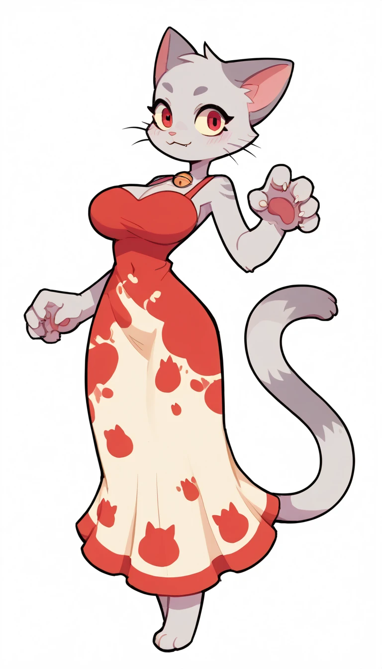 The Q version of the cute furry cat, seeictive, sedictive pose, seductive expression, tall, sexy, sexy pose, sexy expression, hot look, anthro, female cat, big breasts, hips, female body, woman, female, dress, paws, beans, white background 
