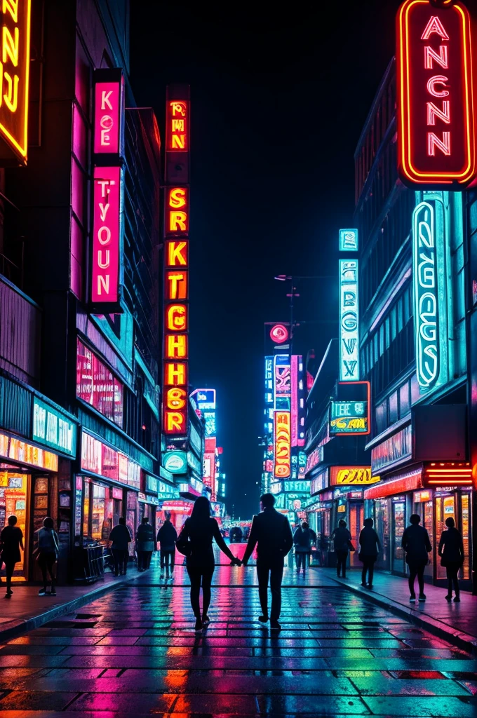 Against the backdrop of the bustling city with its vibrant neon lights, a couple is seen walking along the sidewalk.