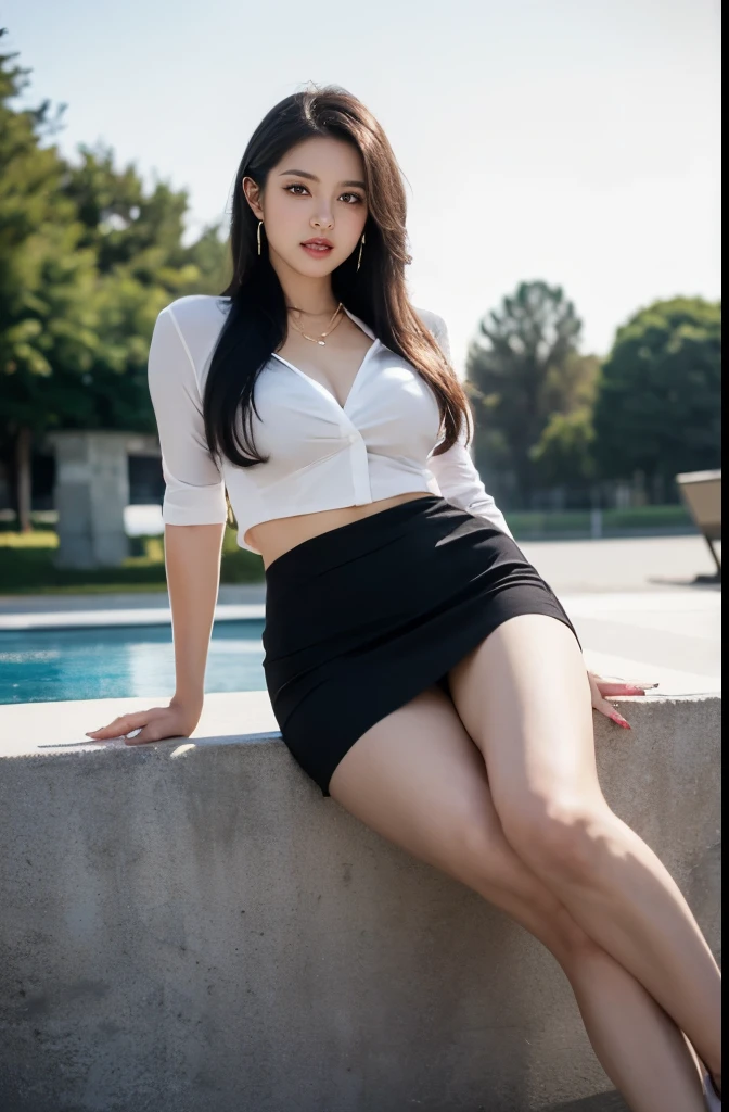 (masterpiece:1.3), (8 thousand, realistic, RAW photos, best quality: 1.4), (1 woman),(short skirt), (shirt), (suit), (양쪽 다리에 짙은색 realistic 팬티 스타킹), (Wearing high heels on both feet), (full body shot), (outdoors in sunny weather), (walking like a model), (Beautiful makeover), (very beautiful body) , (Realistic and very beautiful face), (long eyelashes), (double eyelid), (Very beautiful eyes, realistic and delicate), (big bust) , (Strong body through exercise), (beautiful abs), (Beautiful heaps), (tall), (black hair. parted, long hair:1.3), (아름다운 parted스타일), (realistic and beautiful skin), (absurd), (attractive), (ultra high resolution), (extremely realistic), (very detailed), (golden ratio), (Two long, realistic and beautiful legs), (realistic 팔), (necklace), (earring),(beautiful nails manicure), (So beautiful and sexy), (perfect secretary look)
