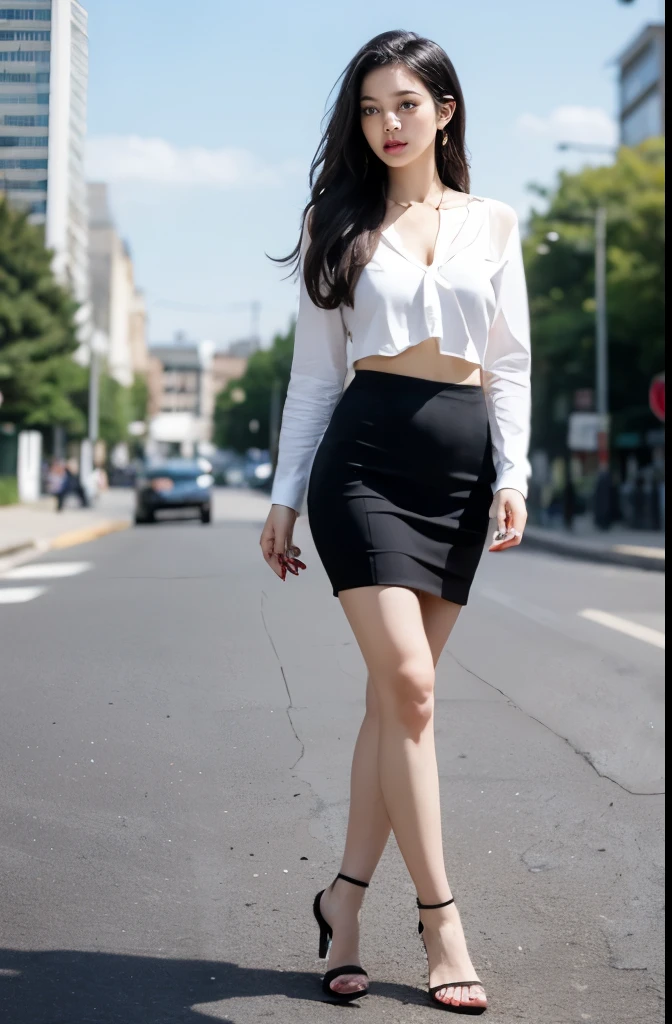 (masterpiece:1.3), (8 thousand, realistic, RAW photos, best quality: 1.4), (1 woman),(short skirt), (shirt), (suit), (양쪽 다리에 짙은색 realistic 팬티 스타킹), (Wearing high heels on both feet), (full body shot), (outdoors in sunny weather), (walking like a model), (Beautiful makeover), (very beautiful body) , (Realistic and very beautiful face), (long eyelashes), (double eyelid), (Very beautiful eyes, realistic and delicate), (big bust) , (Strong body through exercise), (beautiful abs), (Beautiful heaps), (tall), (black hair. parted, long hair:1.3), (아름다운 parted스타일), (realistic and beautiful skin), (absurd), (attractive), (ultra high resolution), (extremely realistic), (very detailed), (golden ratio), (Two long, realistic and beautiful legs), (realistic 팔), (necklace), (earring),(beautiful nails manicure), (So beautiful and sexy), (perfect secretary look)