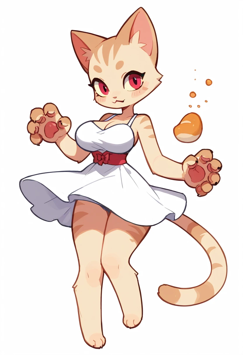 The Q version of the cute furry cat, seeictive, sedictive pose, seductive expression, tall, sexy, sexy pose, sexy expression, hot look, anthro, female cat, big breasts, hips, female body, woman, female, dress, paws, beans, white background