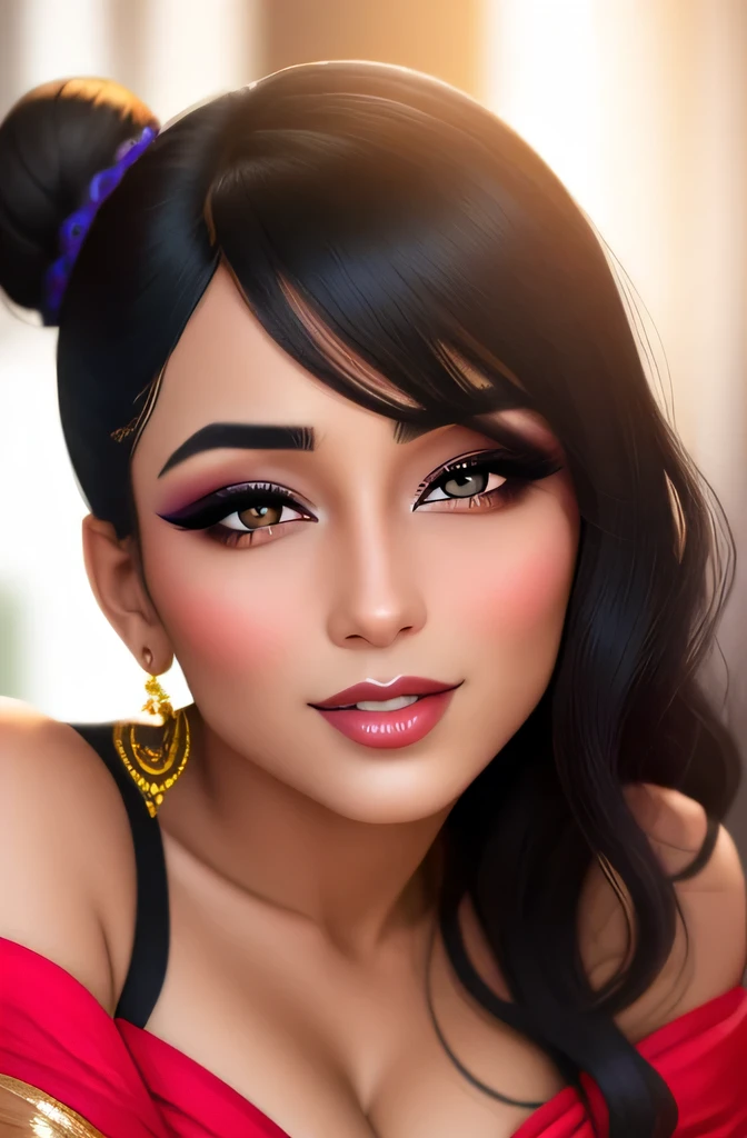 Amazing portrait of a sexy woman who is a MILF and your neighbour with her black hair in a bun with seductive eyes and she's blushing with a seductive smile wearing amazing makeup wearing a saree with a lustful look and a sultry pose