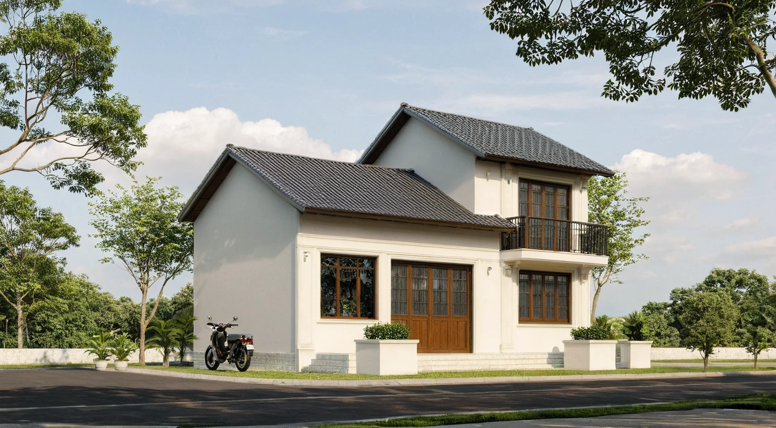 Photo brute,head of'artwork, High quality, best quality, authentique, great detail,
Outside, En plein air, maison style indochine dans la rue ,route du groupe aiai,pavement, grass, trees, sky, nuvens, (jour:1.1)