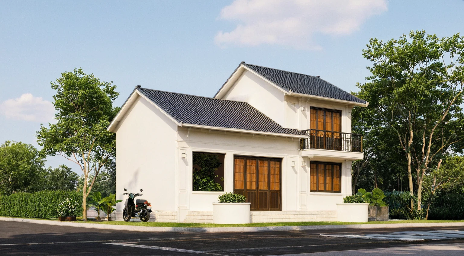 Photo brute,head of'artwork, High quality, best quality, authentique, great detail,
Outside, En plein air, maison style indochine dans la rue ,route du groupe aiai,pavement, grass, trees, sky, nuvens, (jour:1.1)