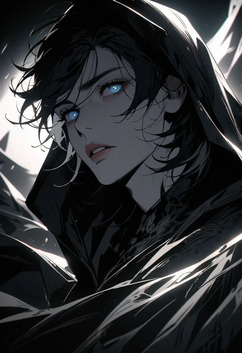 a man with short black hair with smoky gray tips, beautiful detailed eyes, beautiful detailed lips, extremely detailed face, black shirt, black and white background, hood, dramatic lighting, cinematic, moody, high contrast, dark fantasy