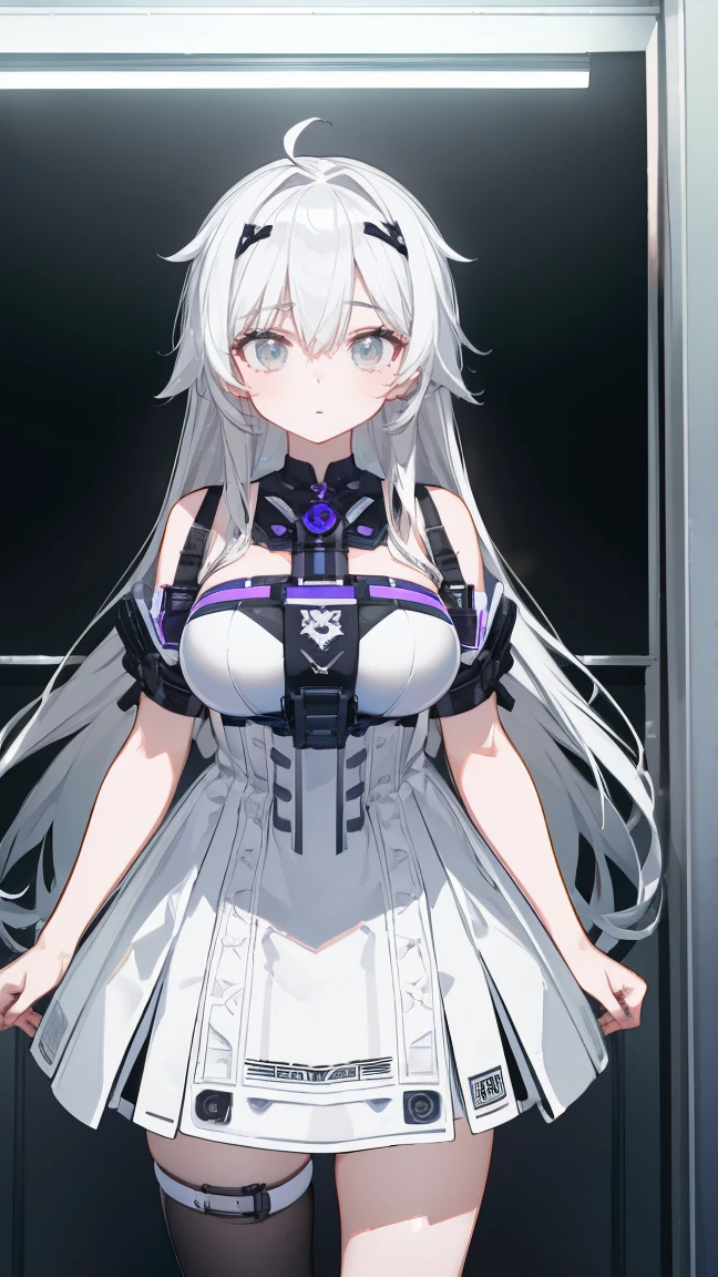 （Vtuber Standing Pictures）、（Standing picture on the front）、Large Breasts、Creampie、naked、1girl,  bedazzling eye, exposed ,white hair, long hair, grey eyes, white dress, suspenders, bare shoulders,