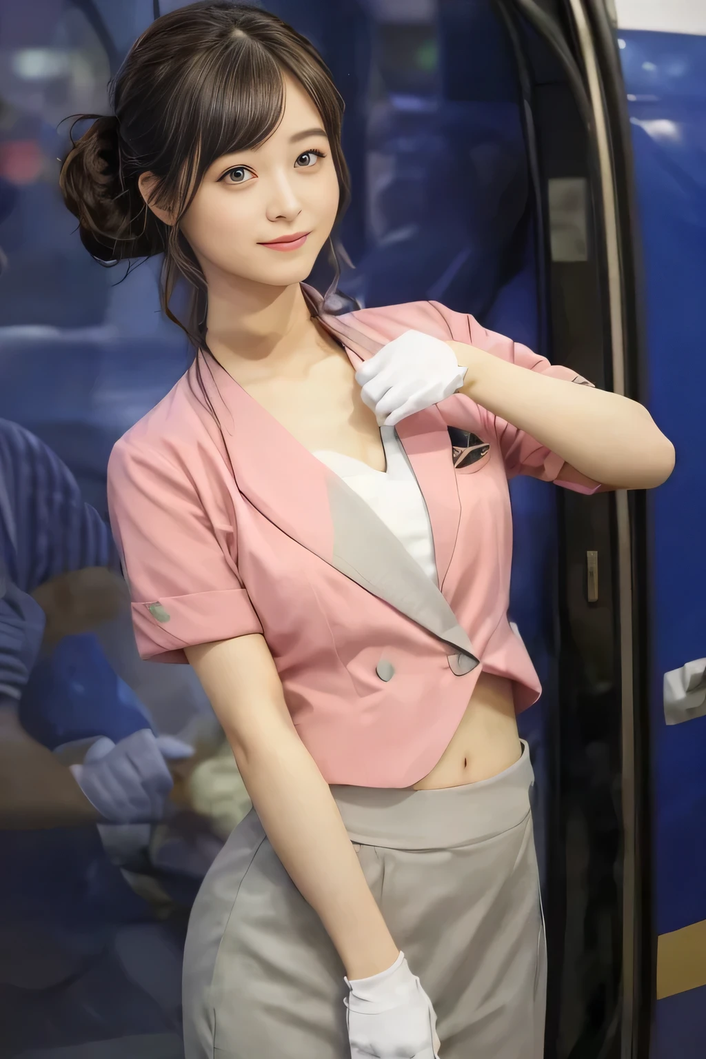 (masterpiece:1.2, Highest quality:1.2), 32k HDR, High resolution, (alone、1 Girl)、 (height: 160cm)、(On the roof of a building in the daytime、Professional Lighting)、Building rooftop background、(Nankai train crew uniform pinkを着たリアルスタイル)、(Nankai Railway crew uniform, pink, short sleeve, collarless, pink jacket、Nankai Railway crew uniform pink no-collar short-sleeve blouse、Nankai Railway crew uniform, pink grey, knee-length culottes)、(A pink jacket peeks out from under the culottes.)、Dark brown hair、(Hair tied up、Hair tied up、Evening curly hairstyles)、Dark brown hair、Long Shot、Big Breasts、Thin legs、((Great hands:2.0)),((Harmonious body proportions:1.5)),((Normal limbs:2.0)),((Normal finger:2.0)),((Delicate eyes:2.0)),((Normal eyes:2.0)))、smile、(Nankai Railway crew uniform, pink grey, knee-length culottesを見せた美しい歩く姿)、Place your hands around your stomach、Strap Employee ID Card