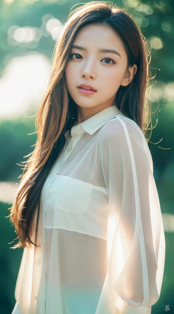 (8K, RAW Photos, Realistic:1.25) ,( Lip gloss,Glossy finish, Shiny skin, Highest quality, Ultra-high resolution, chromatic aberration, Caustics, Wide Light, Natural Shadows) She gives the audience a look of calm and goddess-like bliss.,(Depth of written boundary:1.6), (Out of focus colorful lights in the background:1.2) ,Very natural makeup,Taken on a cloudy day . Narrow eyes.Keep your eyes down. There's a distant look in her eyes、(Elegant and chic clothing)(Stylish like a professional model)、Radio City