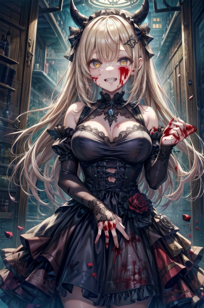 Delicate features,disaster々new devil horns , Crazy Smile, Crazy Eyes, Cutely crafted luxurious hair band, Eyelids wide open, The trend is all,Crazy Smile, Open your mouth wide, 口を開けてteethをむき出しにする,獣のような鋭いteeth, Wide lips, very wide mouth, Vermilion cheeks, Blonde, Princess Cut, Ribbon hair ornament, brooch, Shiny candy blue dress, Gold embroidery,Lolita Style, Gothic style, Facing the audience, Otaku Room, Well-built body, Nice body, Ample breasts, Thick body,Eyes Wide Open、Scary atmosphere、Distorted facial expressions、ねじれた笑face、Bloodstained、bleeding from the head,、Blood splatter、whole body、Long Hair、Long bangs、（（（Dark circles under the eyes）））、Pale skin、Feeling unwell、Pathological、邪悪な笑face、Crazy Eyes、（Grin）Dramatic makeup，Create mixed media art,Well-built,Nice body,Broad shoulders,I focus,(face),Messy Hair,Yellow Eyes,(Glowing Eyes),(Blood splatter:1.6),Red light,笑face,big 笑face,teeth,psycho 笑face,gesugao,Dark city background,darkness,night,(close),Good Eyes, 良いteeth,サディスティックな笑face,,all,Shiny skin,詳細なface,Beautiful body,whole body油まみれで光沢感がある　whole bodyから湯気が出ている　Steam like a sauna room fills the screen..　White breath from the mouth　Luxurious lace long gloves