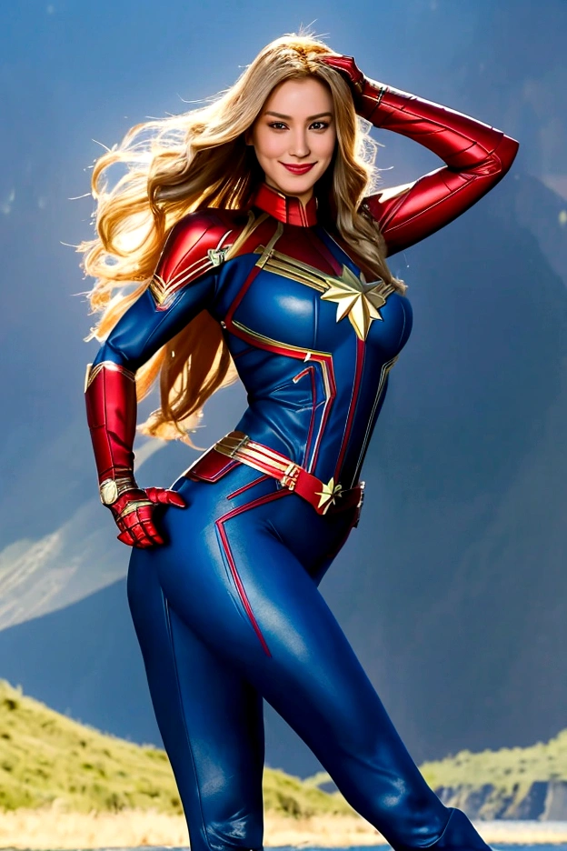 "Create an image of a beautiful American woman in her 20s or 30s. She has long, flowing hair and is wearing a Captain Marvel Costume.　Her body is glamorous with large breasts and a big butt. She has a smiling.The whole body is shown.arms behind head.She is running in an area surrounded by mountains and lakes.