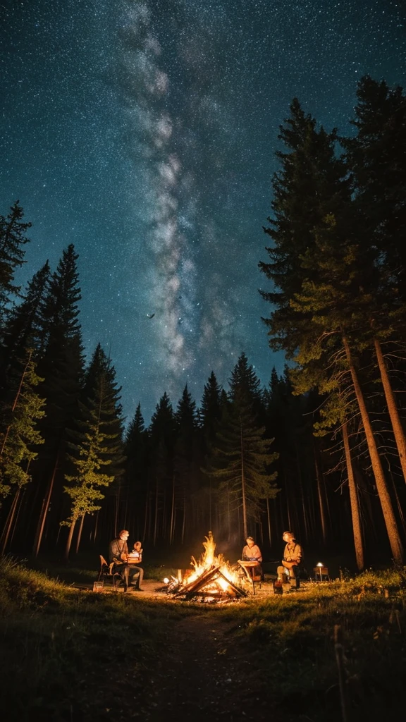 A man is having a bonfire at night in the forest, surrounded by deers and birds and a path through the sky.