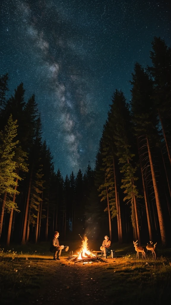 A man is having a bonfire at night in the forest, surrounded by deers and birds and a path through the sky.