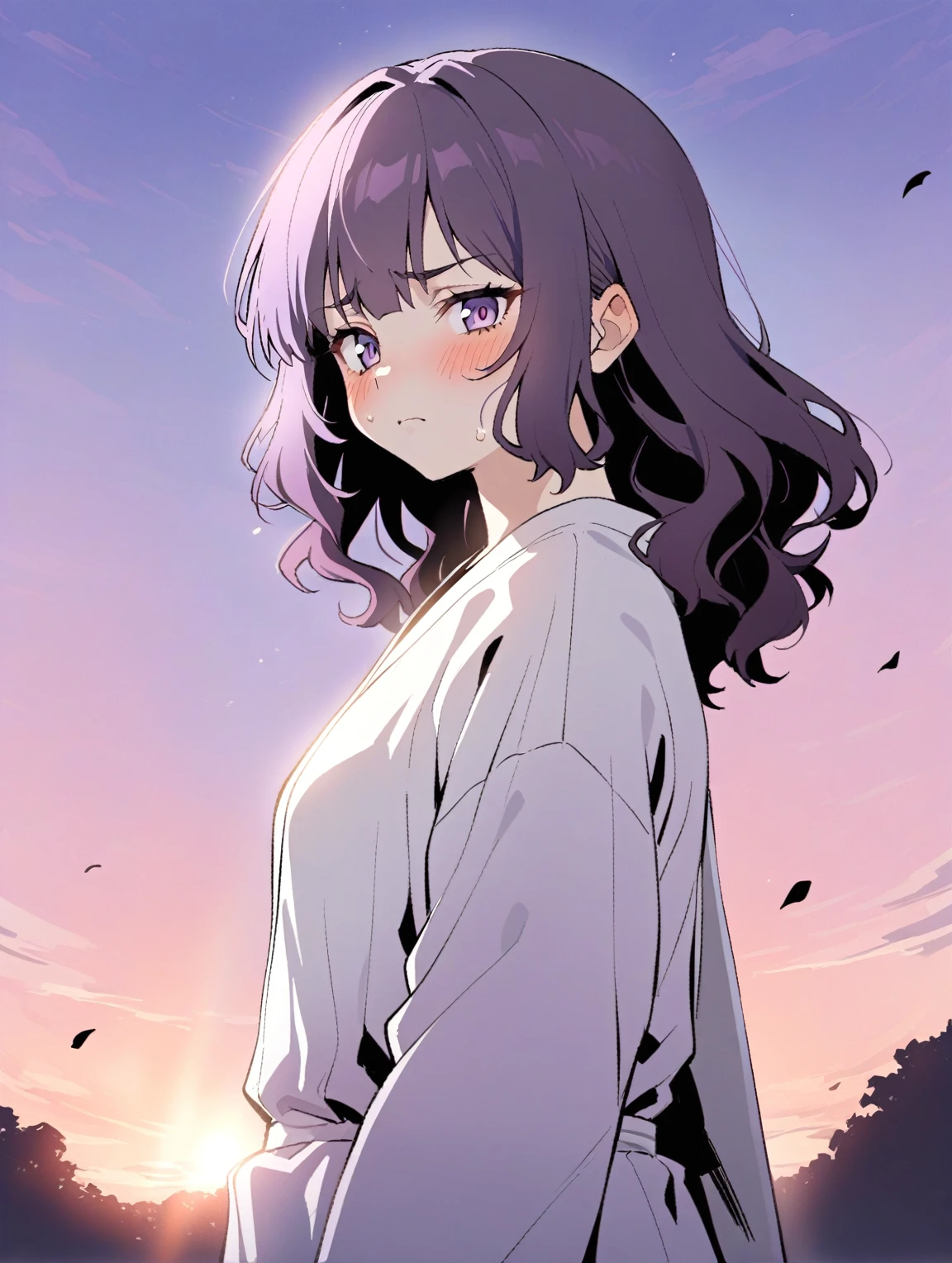 {{{sincos (sinkos), Ilya Kuvshinov (Ilya Kuvshinov), girl, waist-length}}}, 1 girl, wear a medical gown, waist-length, stands directly towards the viewer. Tired face, weak facial expressions. The hair is wavy, gathered at the back of the head, hair red at the ends and ivory at the roots. The skin is not pale. The face is delicate, the cheekbones are not expressed. The eyes are black. Atmosphere – sunset, evening. Predominant colors: blue, lilac, violet - dim, calm. Fill the background with a small shadow from the character.