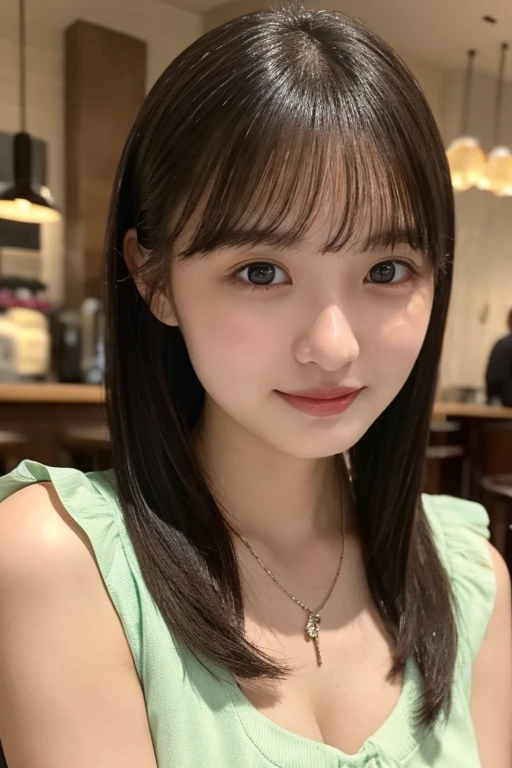 NFSW、masutepiece、masterpiece、1 girl in、(close up of face、cowboy shot)、Straight front view、japanes、very young cute woman、(The cutest girl in the world)、15yo student、Smaller face、large full breasts、cleavage、(hide her body with a cushion,naked cushion),Smiling in a café、Scrunchie、Thin necklace、Glamorous figure、hyper cute face、shiny lip、Double eyelids in both eyes、 natural make up、long eyeslashes、shiny smooth light brown hair、bangss、Short twin tail hair、asymmetrical bangs、image in center、8K resolution、high details、Detailed hairstyles、A detailed face、spectacular movie lighting、octane renderings、with a vibrant、Ultra-realistic、Perfect limbs、perfect anatomia