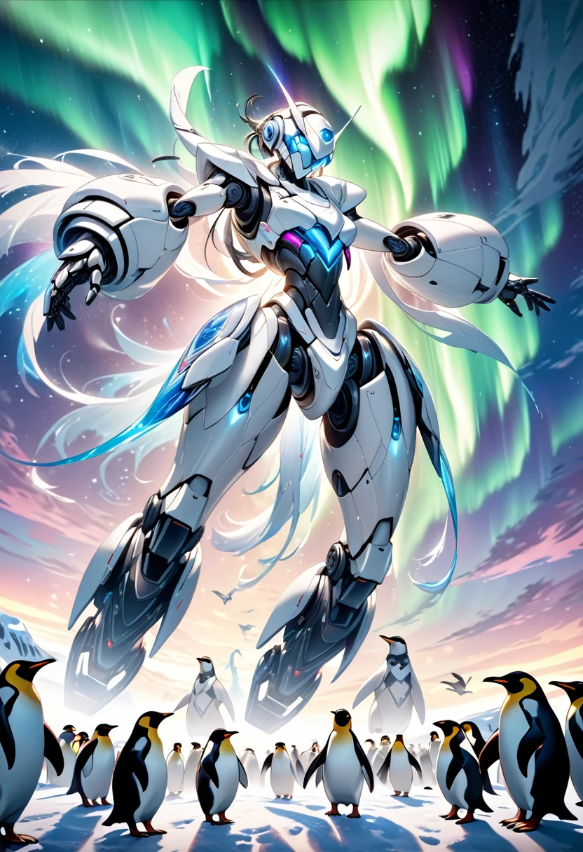 a white humanoid AI robot dancing in front of many penguins under the fantastical northern lights in the arctic, blue lights emanating from the robot's body, fantastical arctic background, (best quality,4k,8k,highres,masterpiece:1.2),ultra-detailed,