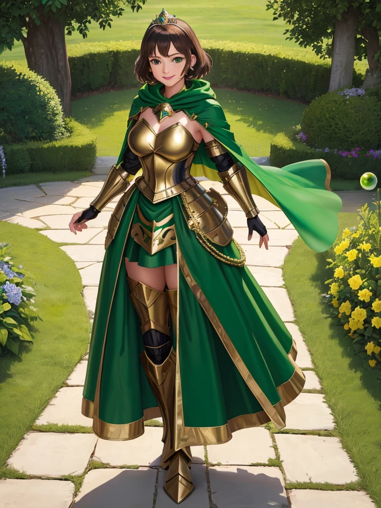 masterpiece, best quality:1.2), 1girl, smile, looking at viewer, green eyes, short brown hair, princess, armor, , pauldrons, armored dress, green cloak cape, wearing puffy blue ballgown skirt, golden tiara with green gem, armored boots, fingerless gloves, standing in medieval garden