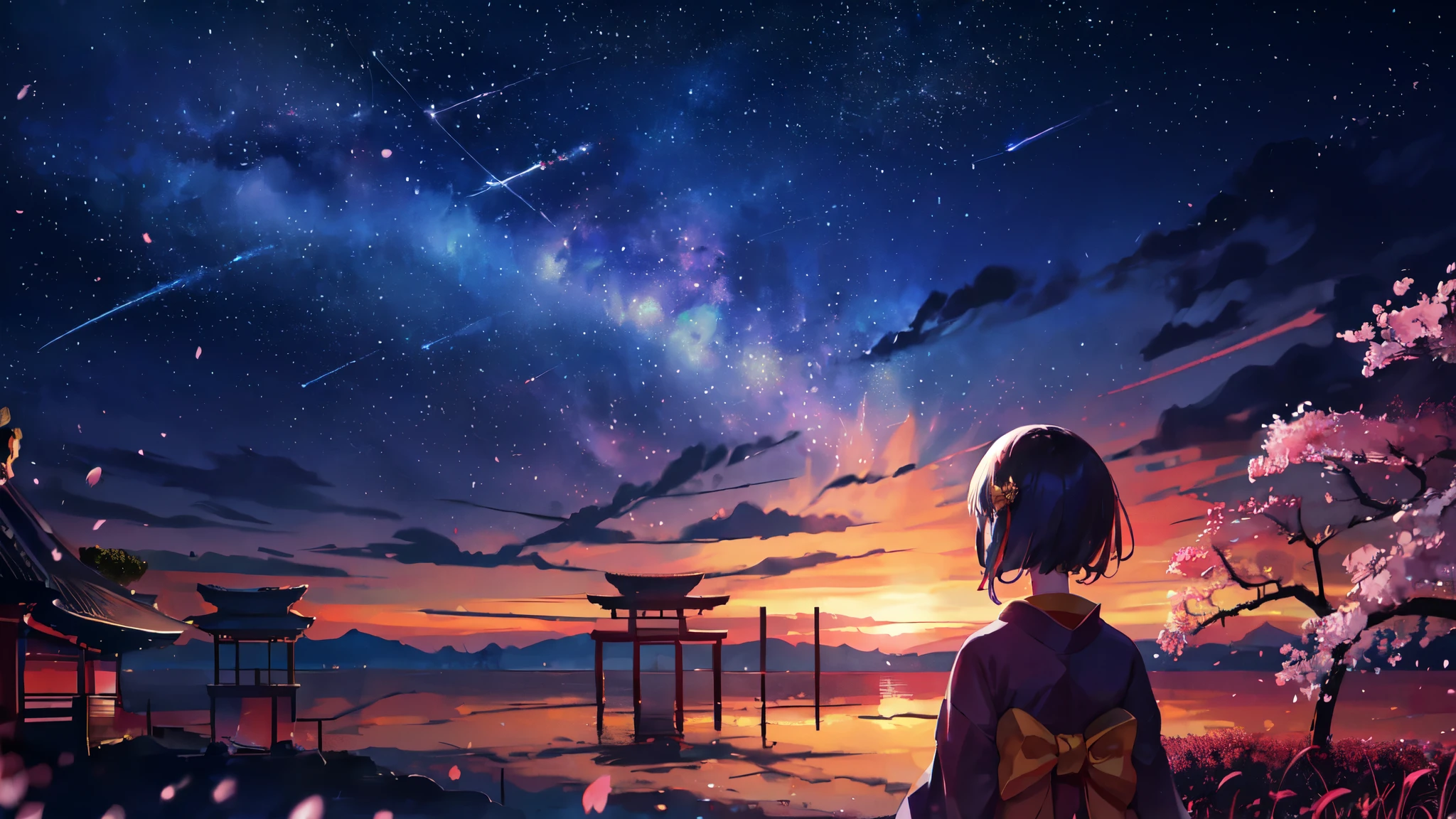 One girl, distant girl wearing a kimono staring at the performer, (Zoom out:1.1), (Meteors:1.2), (comet:1.1), yourname, Low - Angle, From behind, Aloura Borealis, shooting star, yukata, Red kimono, cherry blossoms, Standing in the field,Highest quality, masterpiece,  cloud,colorful, Starry sky,performer,