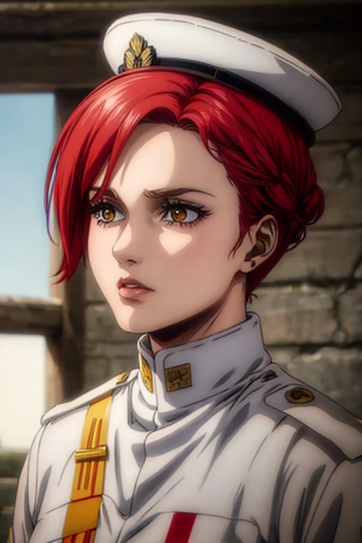 30 year old woman, channel red hair, gold eyes, neutral expression, White military uniform, liberia, Marley