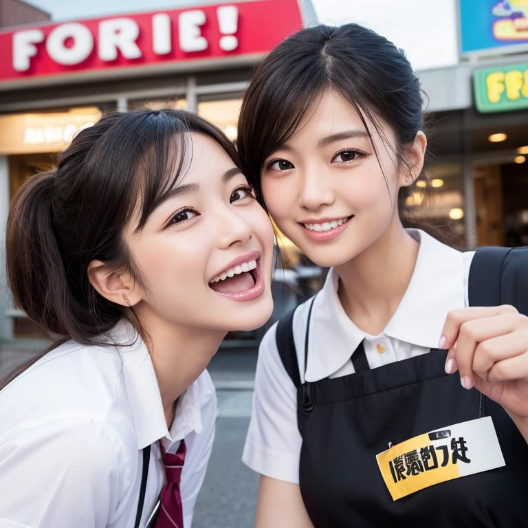 (Highest quality, 8K, 32k, masterpiece, Ultra-high resolution:1.2),Beautiful Japanese Women Photos、Group of 2、healthy、Glowing Skin, Shallow depth of field、Contrasting、Professional Model、looking forward to it、Overbyte、mouth half open、blush:2.5、Random hairstyles for short hair、Black Hair、Face close-up、Portraiture、Teeth are visible、Big Mouth、Droopy eyes、Round face、Multiple moles、Fair skin、Active 24 year old、Brown eyes、Big smile、Fast food restaurant worker、Wear a uniform、Working