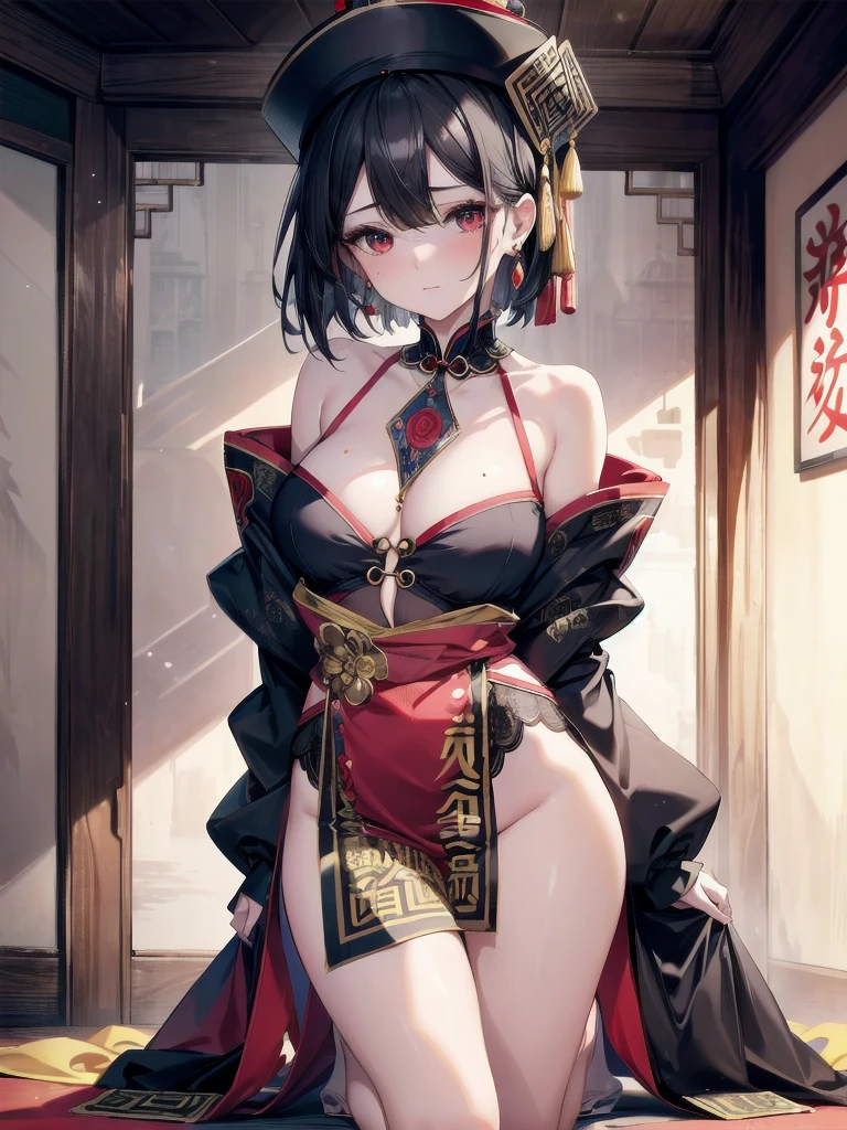 absurdres, RAW photo, extremely delicate and beautiful, masterpiece, Best Quality, ultra high resolution, 32k, hyperrealistic, ultra-detailed, in her 20s, delicate facial features, tearful mole, earring, medium breasts, full body shot, shorter middle hair, black hair, jiangshi, Spells with red letters on yellow,