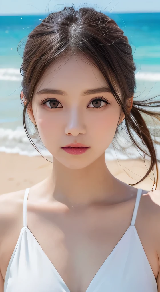 8K,Pieces fly, Highest quality, figure, Very detailed, finely, High resolution, 8k wallpaper, Perfect dynamic composition, Dark and beautiful eyes, Random color micro swimsuit, Random Cute Hairstyles, Medium chest, Natural color lip,At the Beach, Random cute poses,