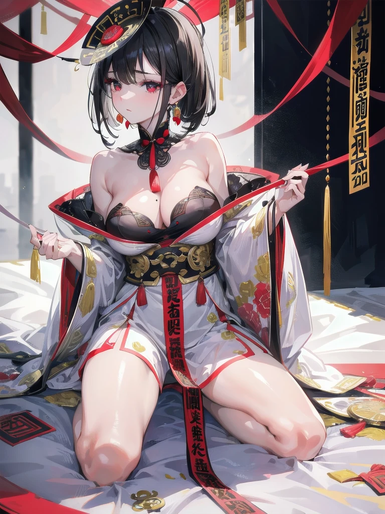 absurdres, RAW photo, extremely delicate and beautiful, masterpiece, Best Quality, ultra high resolution, 32k, hyperrealistic, ultra-detailed, in her 20s, delicate facial features, tearful mole, earring, medium breasts, full body shot, shorter middle hair, black hair, jiangshi, Spells with red letters on yellow,