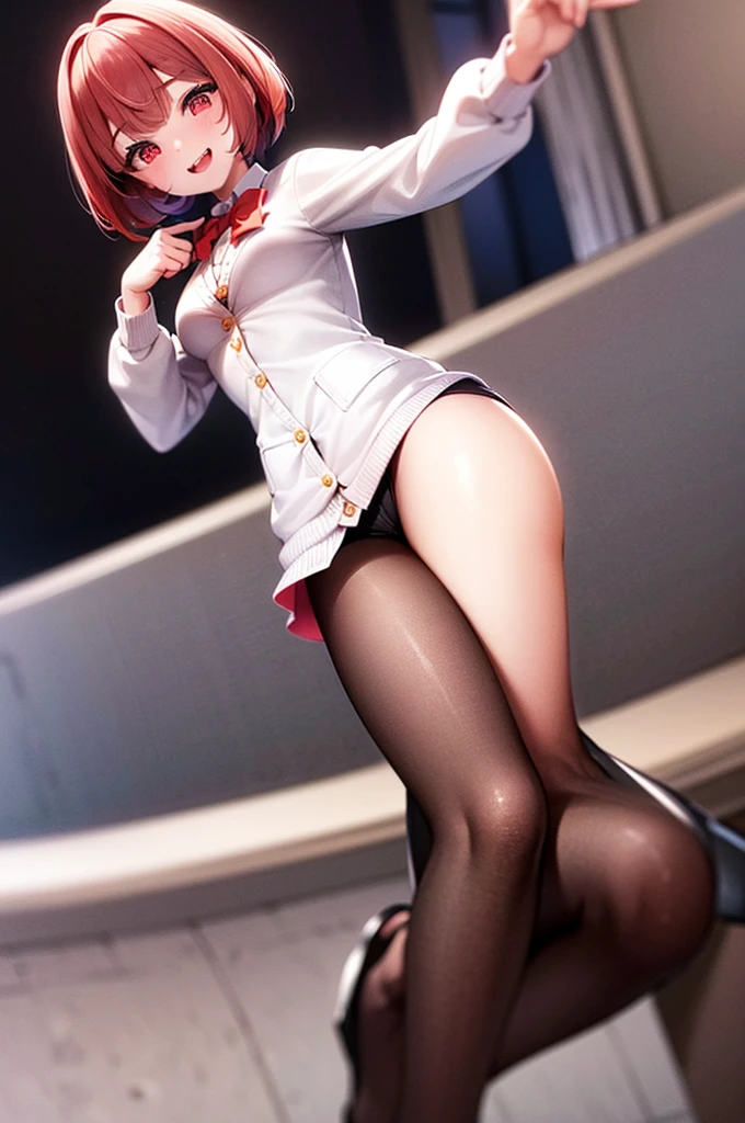 (The ultimate masterpiece), (Ultra HD), (Ultra-fine), High resolution, Ultimate beauty, High chroma, vivid, (pretty girl), heart, (Thigh High Heels), (loafers), (cardigan), (skirt), Super Smile, Mouth open, Red hair,ショートBob,(Bob),Red Eyes ,Small breasts, (Standing pose, Dynamic Pose), Indoor Background