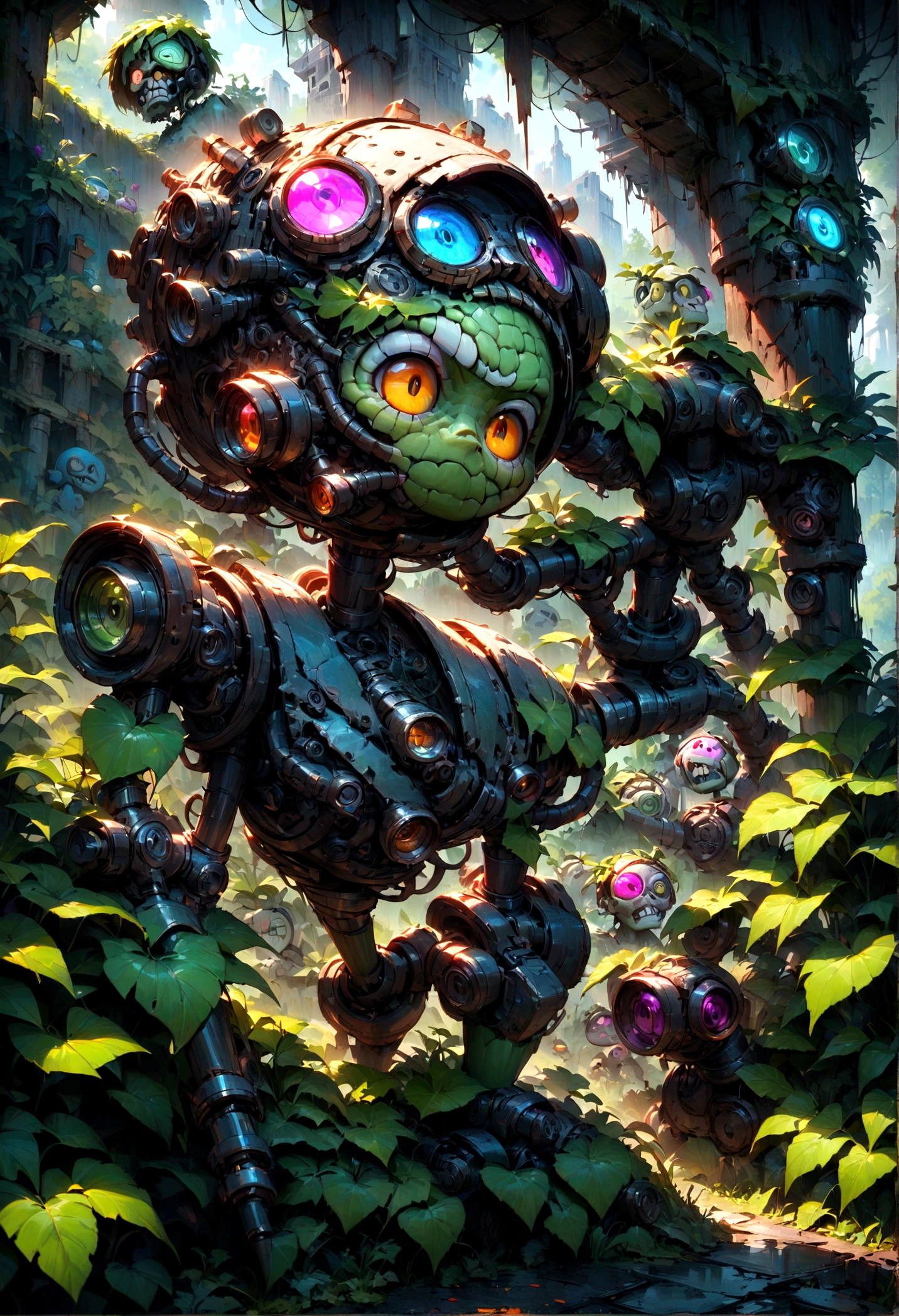 Plants vs. Zombies, detailed plants vs zombies, botanical garden, overgrown greenery, nature vs technology, vibrant colors, lush foliage, decaying ruins, post-apocalyptic, dark fantasy, cinematic lighting, dramatic shadows, highly detailed, intricate textures, 8k, masterpiece, best quality, very aesthetic, absurdres