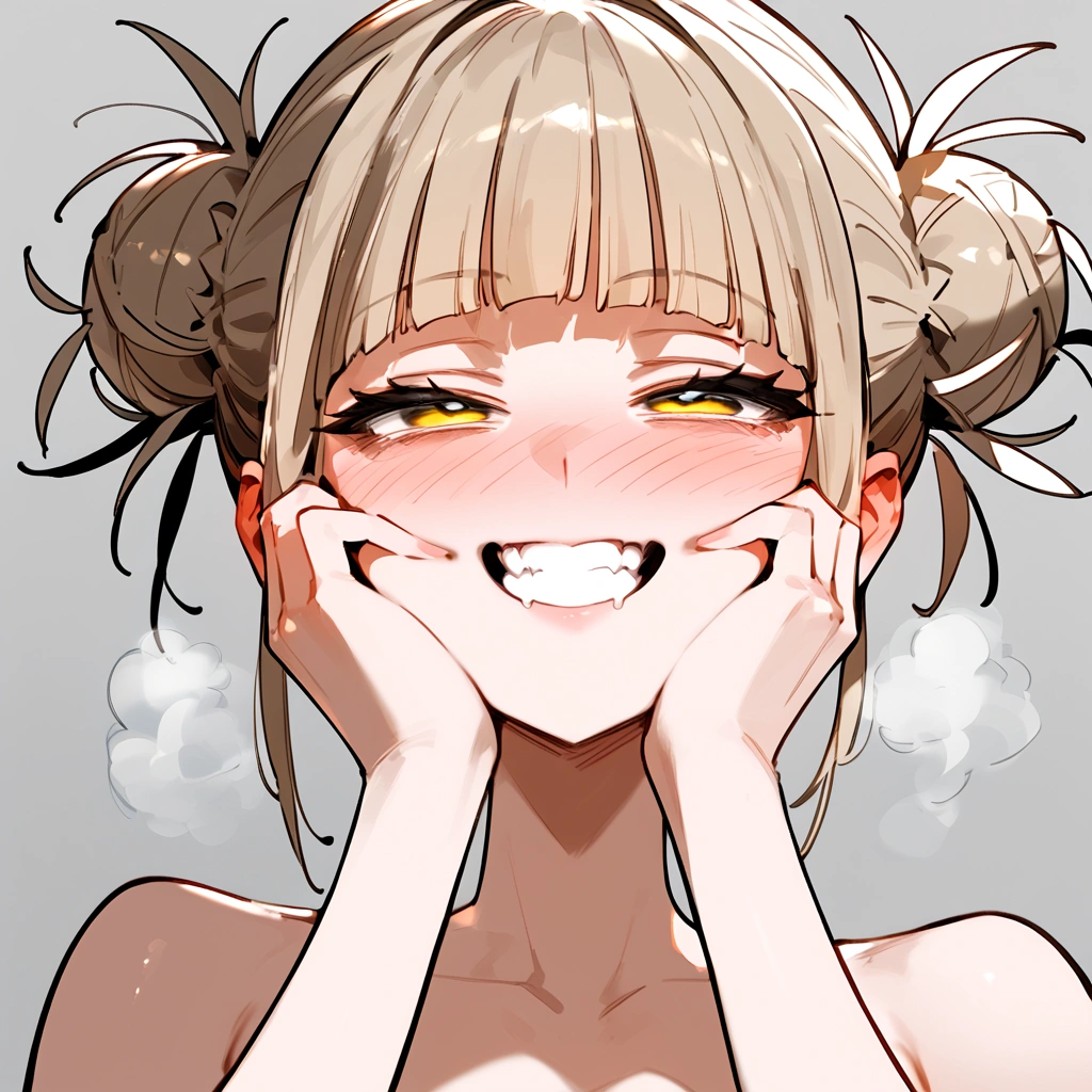 anime artwork, score_9, score_8_up, score_7_up, score_6_up, score_5_up, score_4_up, floox style    //////Himiko toga, big breasts, she is 24 years old, style_3, , , , naked,, yellow eyes, solo, nude,, smile, ,   grey background, simple background , , ,, AMAZING!, ahegao, , , full-face blush,,  , steam, deep breath, , , steaming body,  face close-up, she get creampied, a little bit below view, rolling eyes, big tits, detailed face,  head up, clenched teeth 