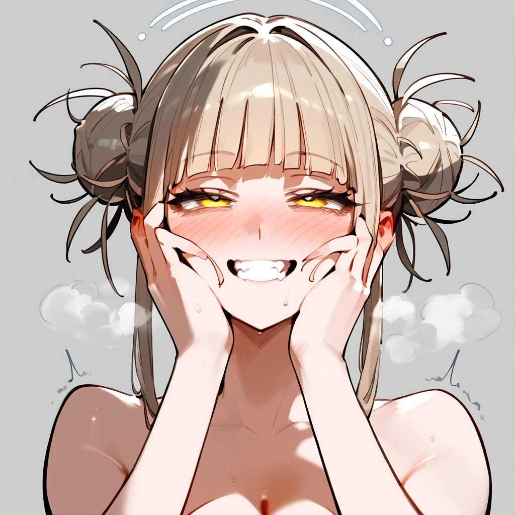 anime artwork, score_9, score_8_up, score_7_up, score_6_up, score_5_up, score_4_up, floox style    //////Himiko toga, big breasts, she is 24 years old, style_3, , , , naked,, yellow eyes, solo, nude,, smile, ,   grey background, simple background , , ,hands on face, AMAZING!, ahegao, , , full-face blush,,  , steam, deep breath, , , steaming body,  face close-up, she get creampied, a little bit below view, rolling eyes, big tits, detailed face,  head up, clenched teeth, motion lines