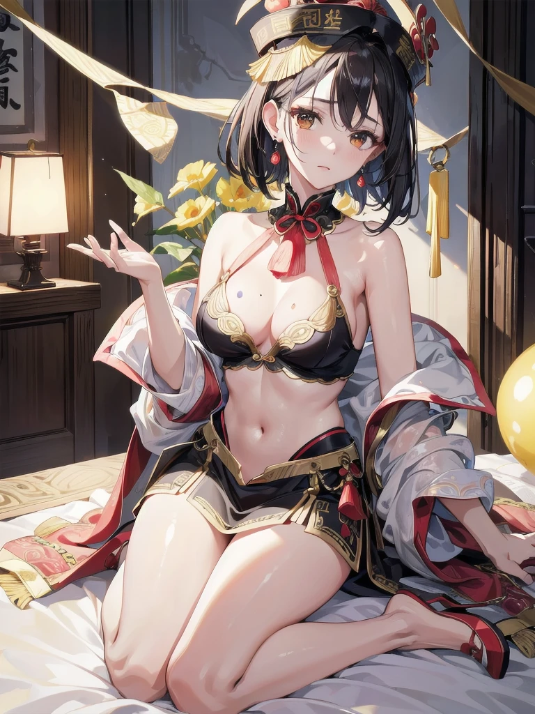 absurdres, RAW photo, extremely delicate and beautiful, masterpiece, Best Quality, ultra high resolution, 32k, hyperrealistic, ultra-detailed, in her 20s, delicate facial features, tearful mole, earring, medium breasts, full body shot, shorter middle hair, black hair, jiangshi, Spells with red letters on yellow,