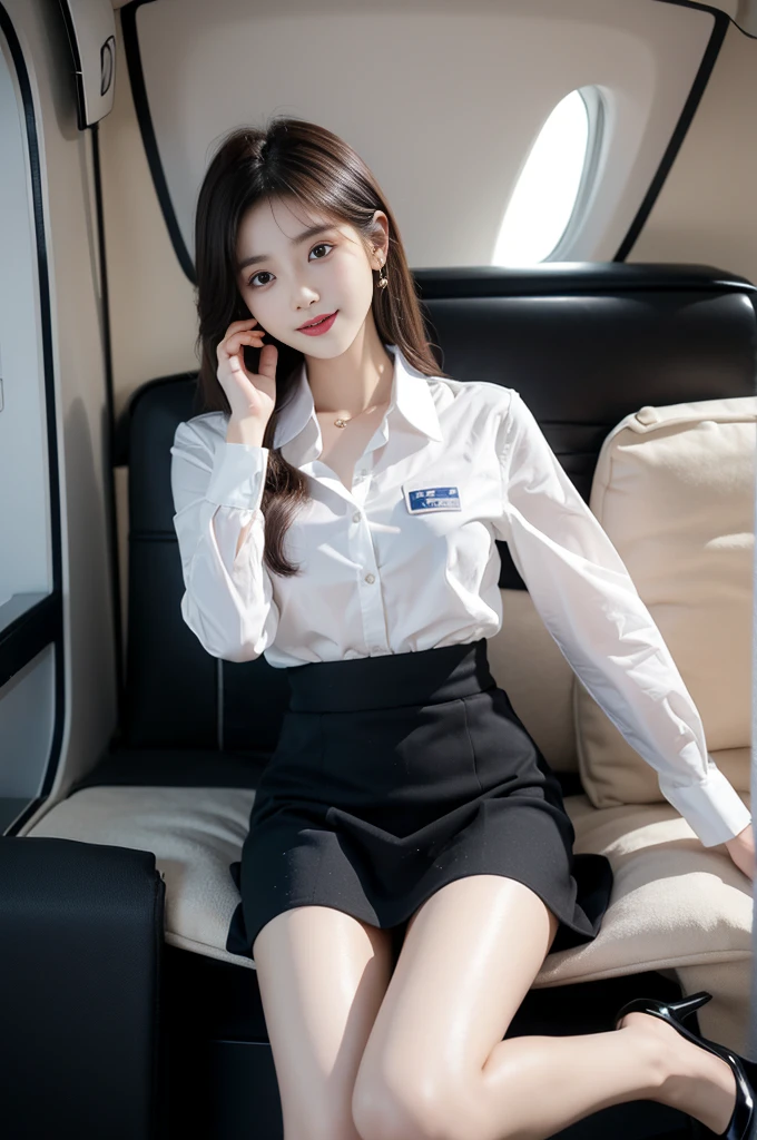 Highest quality、8K、Best image quality、Award-winning works、Korean、(2 girl :1.5)、solo、Beautiful skin with a radiant glow、masterpiece、Top quality、Ultra-high definition、Depth of Field、Lens flare、、black hair、Gaze at the audience、Medium chest、Airline stewardess、(blue Airline stewardess:1.3)、shirt、Short ivory skirt、(Black YSL heels)、Perfect legs、Model pose、Smile。